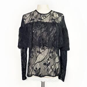 Womens Medium Black Sheer Lace Ruffle Top Long Sleeve Wuthering Heights Whimsy